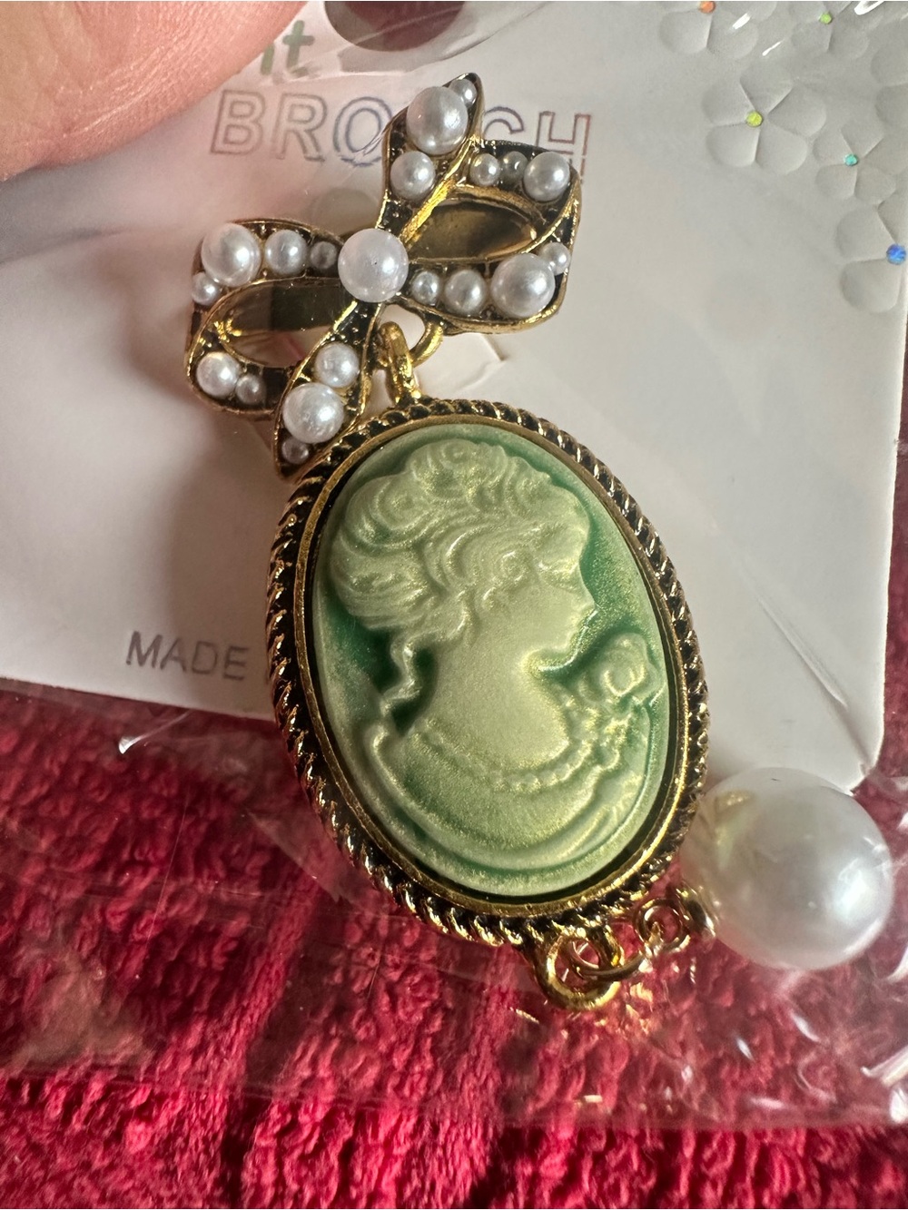 cameo Gold-Tone Green Cameo Brooch with Pearl Accents